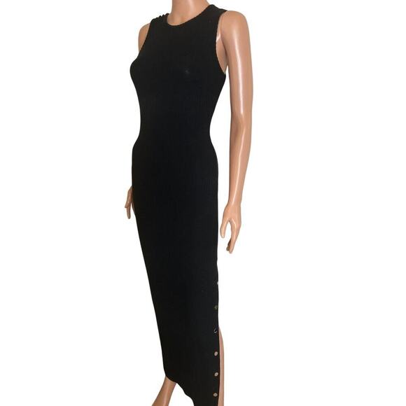 BeBe maxi dress ribbed side slit stretch gold buttons back zip up SZ SM black - Picture 4 of 10